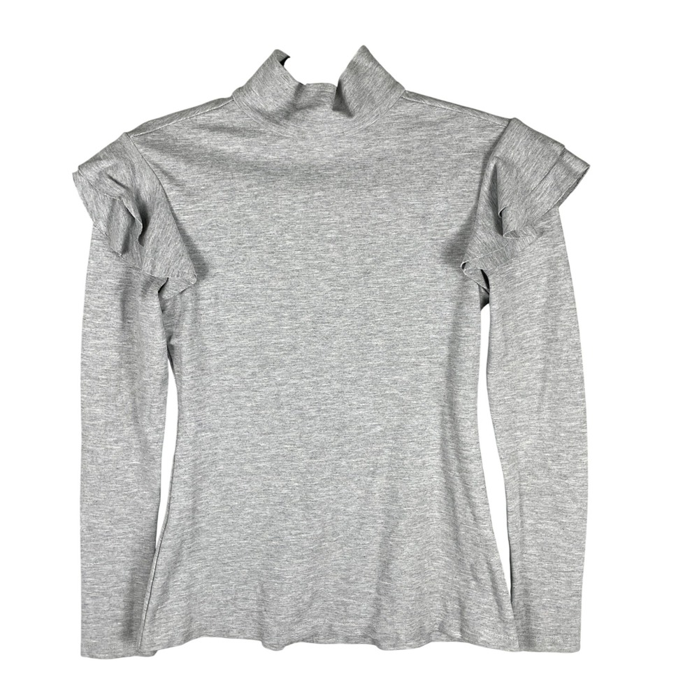 Hunter Bell Ruffle Shoulder Top Womens XS Gray Very Good Mock Neck Long Sleeve